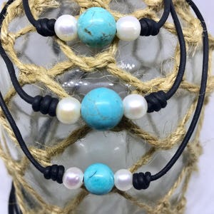 Pearl Turqouise leather necklace, pearl necklace, Turquoise jewelry