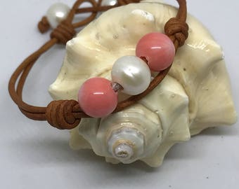 Pearl and Coral bracelet, white pearl bracelet, leather bracelet