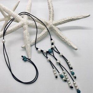 Pearl Turqouise leather necklace, pearl necklace, Turquoise jewelry