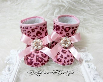 Pink Leopard Print Baby Girl Boots,Soft Sole Boots,Infant Boots