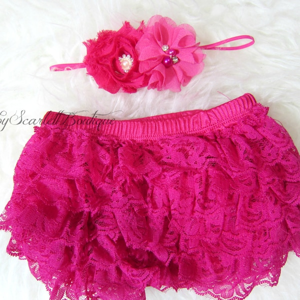 Hot Pink Baby Girl Lace Ruffle Bloomer,Diaper Cover and Headband Set