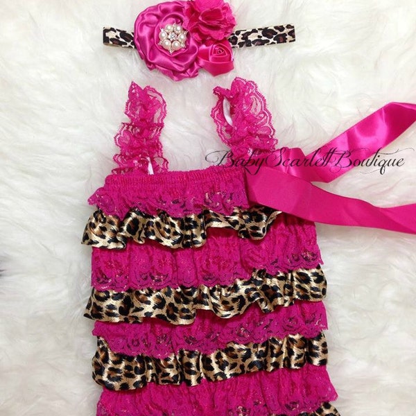 Hot Pink Leopard Lace Petti Romper with Headband Set