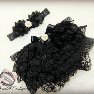 Baby Girl Black Lace Ruffle Bloomer, cubierta de pañal y conjunto de diadema