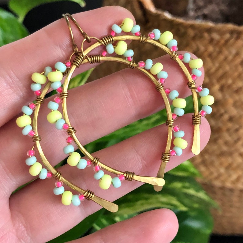 wire wrapped dangly hoops big earrings statement artsy big hoops trendy brass colorful pink boho unique seed bead Neon earrings