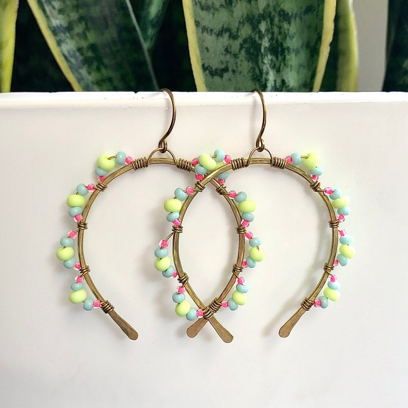 wire wrapped dangly hoops big earrings statement artsy big hoops trendy brass colorful pink boho unique seed bead Neon earrings
