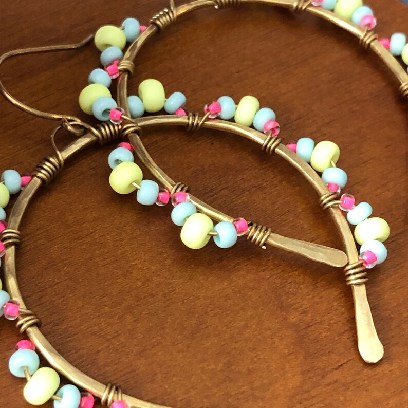 wire wrapped dangly hoops big earrings statement artsy big hoops trendy brass colorful pink boho unique seed bead Neon earrings