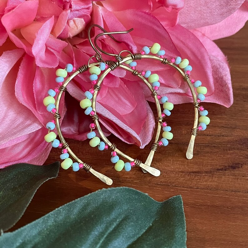 wire wrapped dangly hoops big earrings statement artsy big hoops trendy brass colorful pink boho unique seed bead Neon earrings