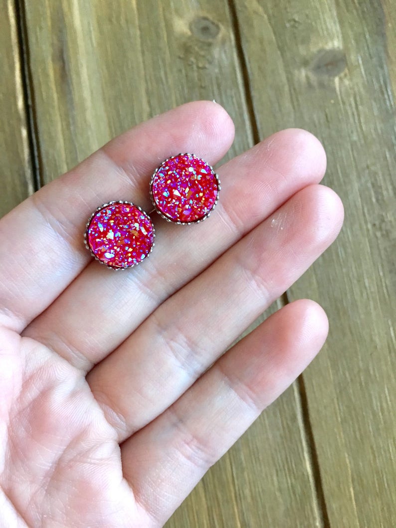 Hot pink studs hot pink druzy crown studs sparkly pink Etsy