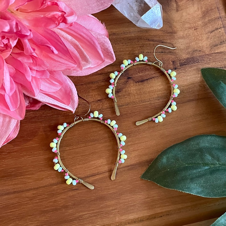 wire wrapped dangly hoops big earrings statement artsy big hoops trendy brass colorful pink boho unique seed bead Neon earrings