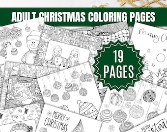 May include: A collection of 19 black and white Christmas coloring pages featuring various designs, including ornaments, snowmen, and a Christmas tree. The text "Adult Christmas Coloring Pages" and "19 Pages" is displayed on the image.