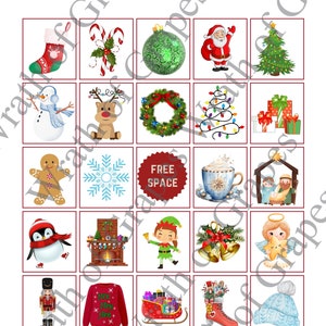 May include: A Christmas-themed calling card featuring festive illustrations. The card includes images of a stocking, candy canes, ornaments, Santa Claus, a Christmas tree, a snowman, a reindeer, a wreath, and gifts.