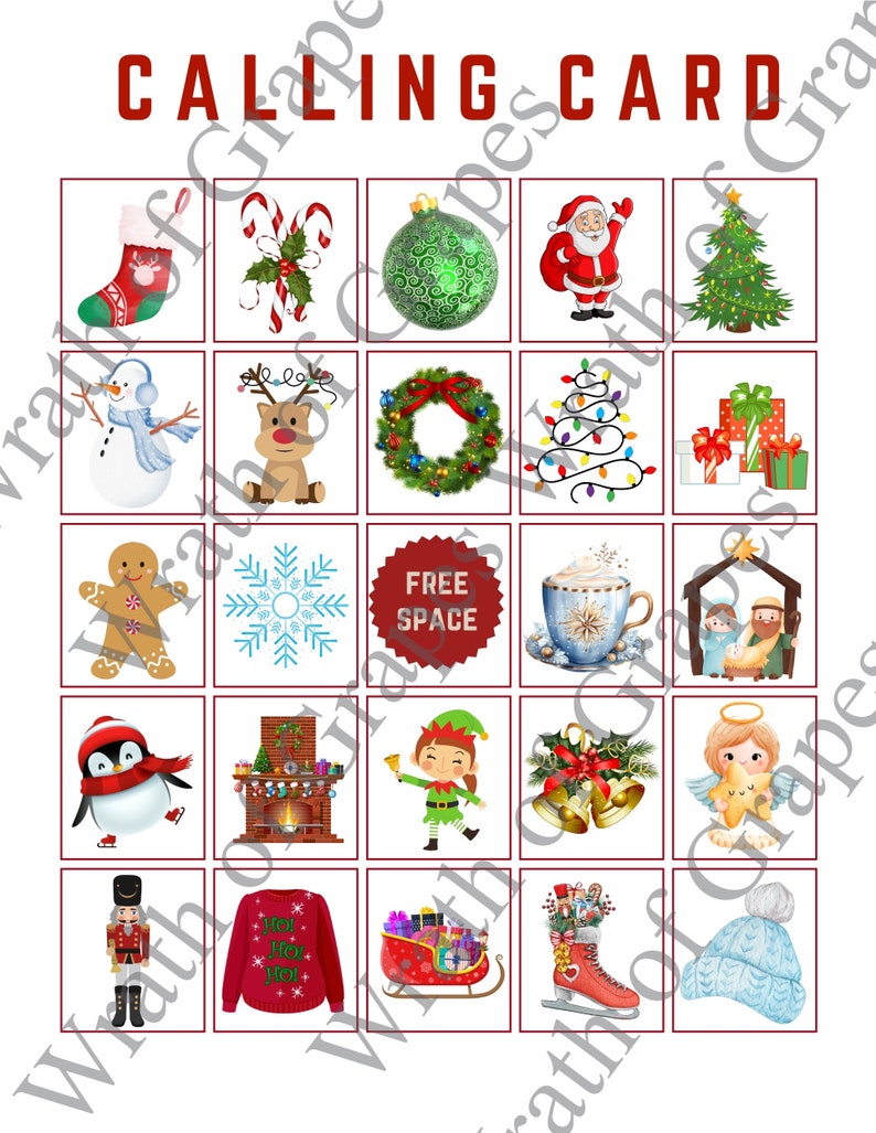 May include: A Christmas-themed calling card featuring festive illustrations. The card includes images of a stocking, candy canes, ornaments, Santa Claus, a Christmas tree, a snowman, a reindeer, a wreath, and gifts.