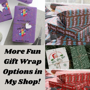 May include: Four different gift wrap designs featuring colorful patterns and text. The designs include a purple wrap with balloons and the text "Happy Birthday!" and "You Fucking Bitch", a brown wrap with the text "Happy Fucking Birthday", a red wrap with the text "Merry Fucking Christmas", and a white wrap with the text "Santa Knows You've Been a Ho, Ho, Ho".