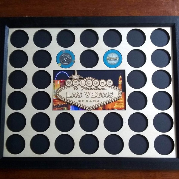 Poker Chip Frame Display with Engraved Vegas Scene Insert With Black Frame Option Fits 36 casino chips Father's Day Gift Welcome to Vegas