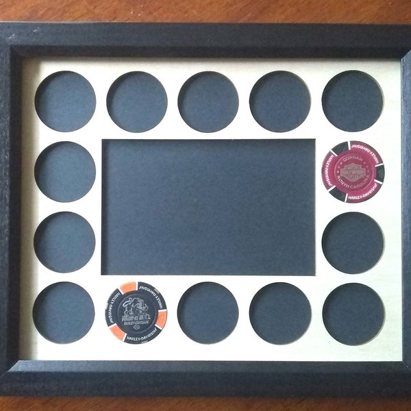 Custom Poker Chip Frame for 14 Casino or Harley-Davidson chips 8x10 insert with economy black or brown frame Ready to hang Assorted Colors