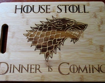 Custom Personalized Game of Thrones Bamboo Cutting Board Laser-engraved names on cutting board Dinner is Coming Gift