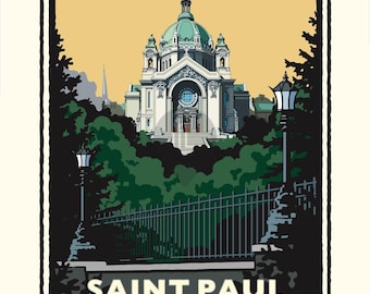 May include: A graphic art print featuring the Saint Paul Cathedral with a prominent green dome, set against a pale yellow sky. The scene includes dark green trees, black iron fencing, and two street lamps. The text reads SAINT PAUL CATHEDRAL.