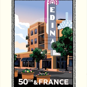 May include: An illustration of a city street scene with a building featuring a sign that reads "EDINA" in pink and white letters. The street is lined with trees and flower pots. The text "50th & FRANCE" is at the bottom of the image.