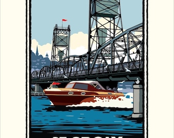 May include: A vintage-style travel poster featuring the St. Croix Stillwater Lift Bridge with a dark red motorboat moving across blue water in the foreground. The bridge has black metal trusses and red flags. The text reads ST CROIX STILLWATER LIFT BRIDGE.
