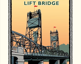 May include: A graphic art print featuring the Stillwater Lift Bridge with dark blue steel trusses, two tall towers, and small red flags against a pale orange sky. The text STILLWATER LIFT BRIDGE is printed in dark green at the top of the frame.