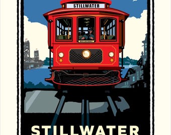 Stillwater Trolley Art Print, Minnesota Travel Poster, Historic Stillwater Wall Art, St Croix River Town Decor, Optional Frame