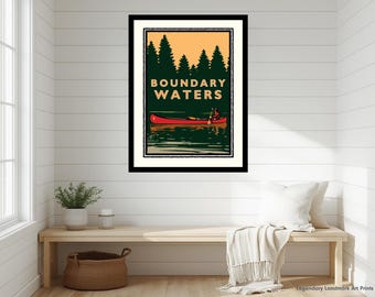 Boundary Waters Canoe Area Art Print – Minnesota Cabin Decor, BWCA Wilderness Wall Art, Illustrated Landmark Poster