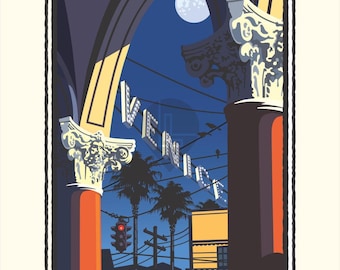 May include: A graphic art print featuring the word VENICE in illuminated letters suspended between two classical columns. The scene depicts a night sky with a full moon, palm trees, a red traffic light, and buildings under dark blue tones.