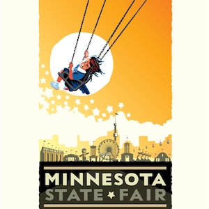 May include: A retro-style illustration of a girl swinging on a swing set against a yellow sunset with white stars. The girl is wearing a blue shirt and a red hat. The text "MINNESOTA STATE FAIR" is at the bottom of the image.