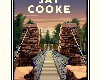 May include: A graphic art print featuring a suspension bridge with stone towers and metal cables. The text JAY COOKE appears at the top and MINNESOTA STATE PARK at the bottom. The scene depicts a wooden walkway leading into a forest at sunset.