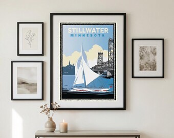 Stillwater Sailing Art Print, Minnesota Travel Poster, Historic Stillwater Wall Art, St Croix River Town Decor, Optional Frame