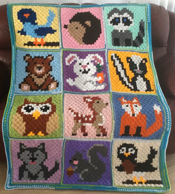 Large Handmade Crochet Forest Creatures Blanket