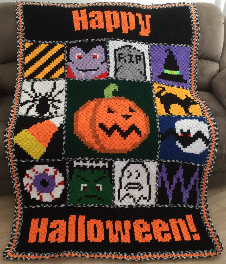 Large Handmade Crochet Happy Halloween Blanket