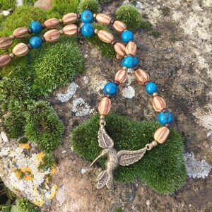 Collier ethnique en graines Santa Barbara et acai turquoise colibri en métal couleur bronze image 1