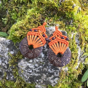 Ohrringe orange Stil Makramee ethnische mit gravierten Kokosnuss