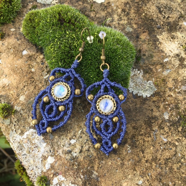 Macrame earrings moonstone with a bronze setting - color blue