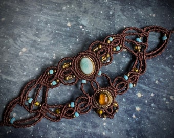 Macrame cuff bracelet with larimar and tiger eye cabochons