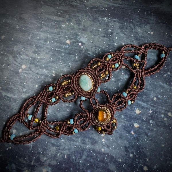 Macrame cuff bracelet with larimar and tiger eye cabochons