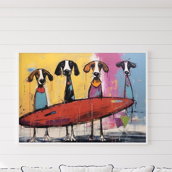 Surfer Dogs Dudes Wall Art, Funky Dog art modern coastal decor, dog lover gift, funny dog art, abstract animal print colourful kids room art