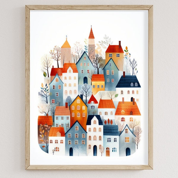 Scandi style Wall art, Scandinavian Houses, Nordic Home decor, Scandinavian Village, Colourful houses, Swedish Kitchen Wall art, Nordic Art