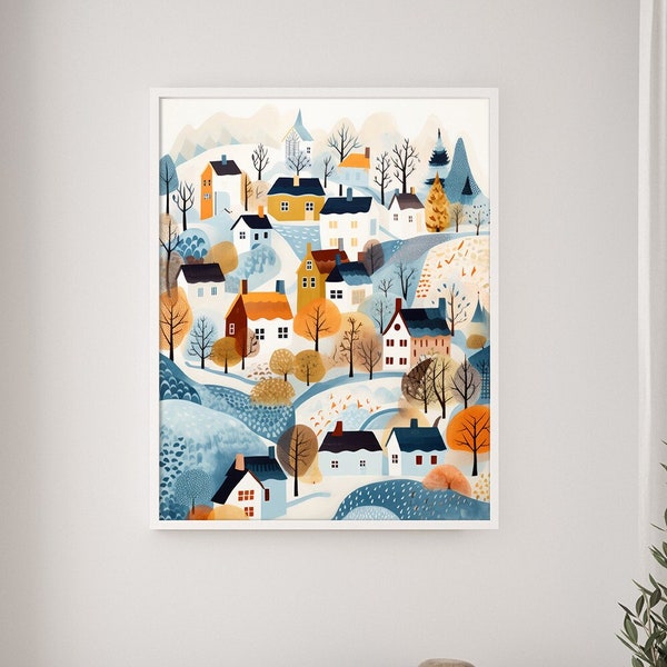 Modern Nordic Home decor, Scandinavian Houses, Scandi Wall art, Swedish wall art, New England Village, new home gift, Folk Village art Print