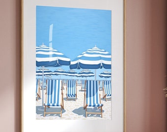 Blue and White Beach Umbrella Print, coastal wall art, seaside print Beach House Decor Nautical Decor for Coastal Living Room hamptons decor