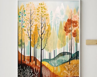 Fall Home Decor, Forest Wall art, Pine Forest Painting, Scandic home Decor, Nordic Forest, Modern Cabin Decor, Autumn Lake House Art Prints