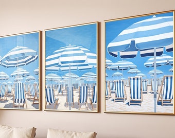 Set of 3 Beach Prints, Blue and White Beach Umbrellas, seaside wall art, Beach House Decor, Nautical Decor for Coastal Living Room, hamptons