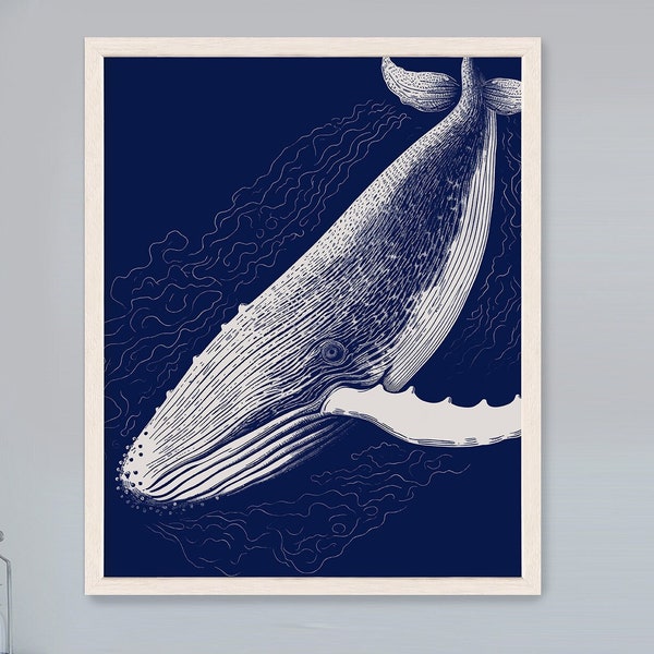 Blue and White Modern Nautical Wall Art, Whale on Navy Blue Coastal Home Decor, Beach House Decor, Bathroom Art Illustration