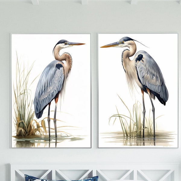 Set of 2 Great Blue Heron Art Prints, Modern coastal home wall art, Sea Bird Painting, Blue  White Bedroom Decor, Beach house Seaside Decor