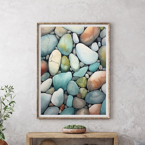 Beach Pebble watercolour, Modern coastal wall art, seaside print, Beach House Decor, Nautical Decor for Colourful Coastal Living Room