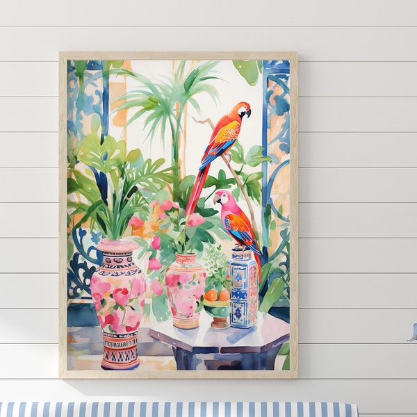 Perroquets colorés Jungle Art Print, DIGITAL DOWNLOAD, Chic Chinoiserie Decor for Living Room, Modern Tropical Animal Poster Safari Theme Art