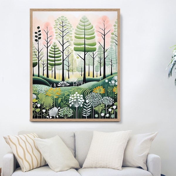 Pink and Green Forest Wall art, Pine Forest Painting, Scandic home Decor, Nordic Forest, Modern Cabin Decor, Colourful Lake House Art Prints