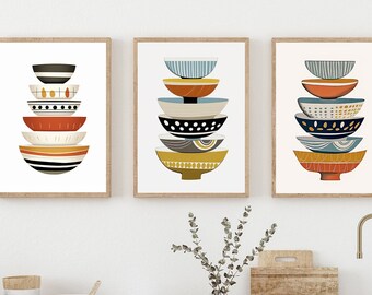 Kitchen Gallery wall set of 3 Art Prints, Set of Mid Century Modern Bowls, Retro Scandinavian Design, Kitchen Wall Art, Scandi Kitchen Art