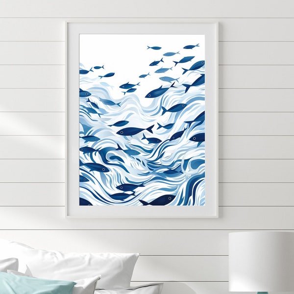 Bright and Bold Modern Abstract Coastal Home Wall Art, Fish Shoal Print Beach house decor, blue and white decor Hamptons Style, nautical art